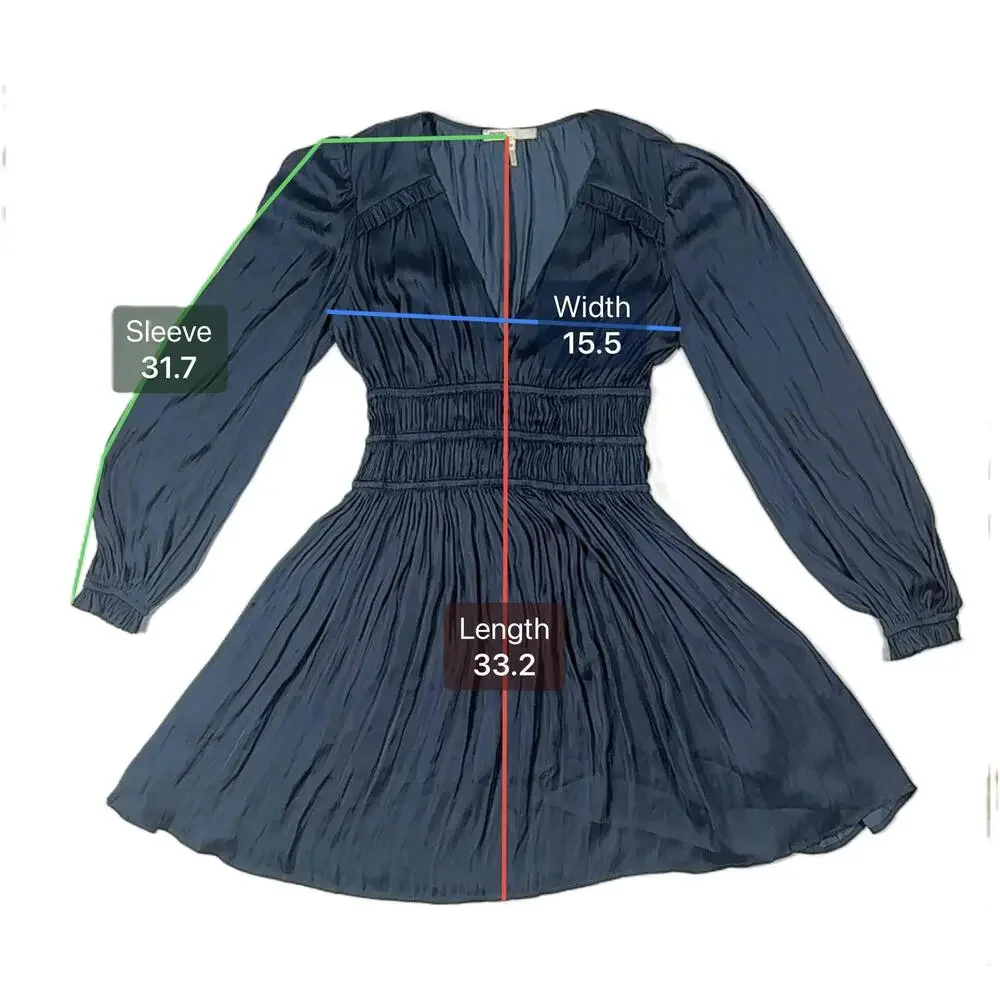 Maje Rianne Navy Satin Mini Dress Ruffled V Neck Long Sleeve Size 36 US 4 - Picture 6 of 9